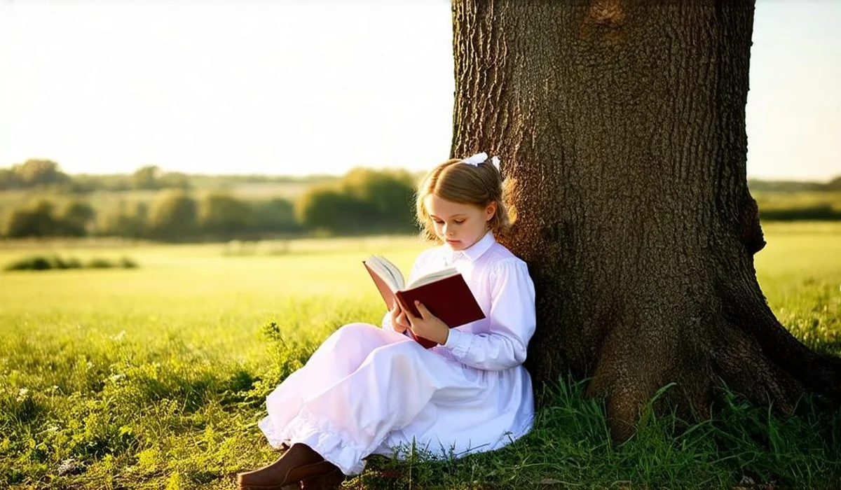 A 10-year-old girl sitting under a leafy tree reading a classic fantasy book with a thoughtful expression