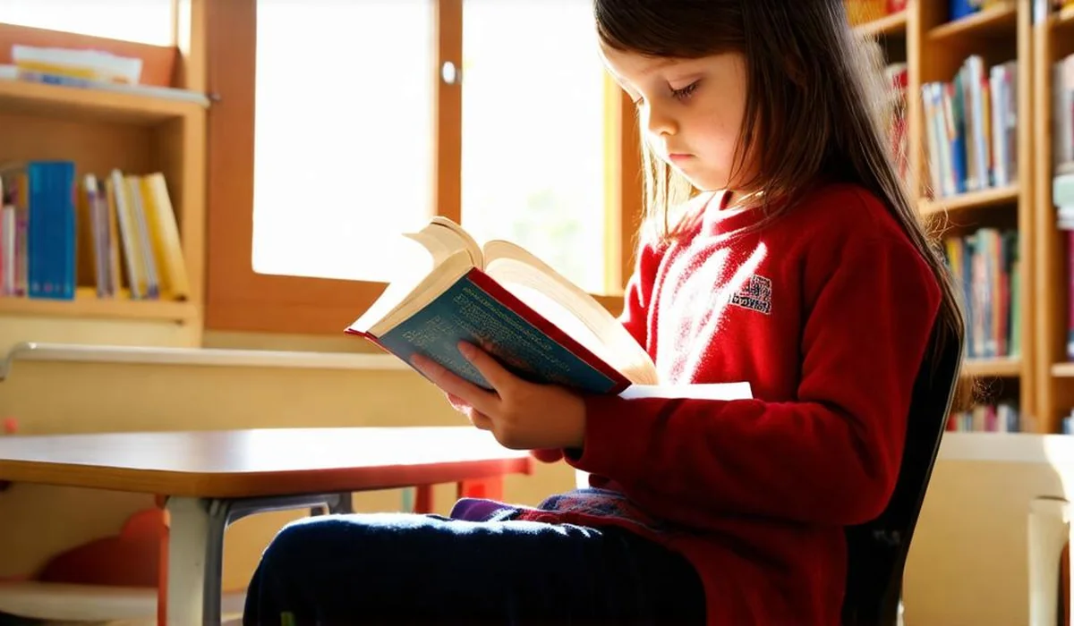A 10-year-old student thoughtfully reading a historical fiction novel in a sunlit classroom library