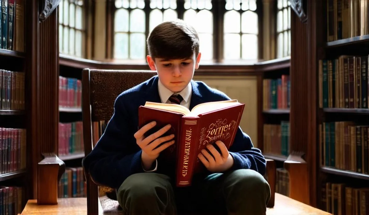 A 13-year-old middle school student reading an epic fantasy hardcover book in a classic library