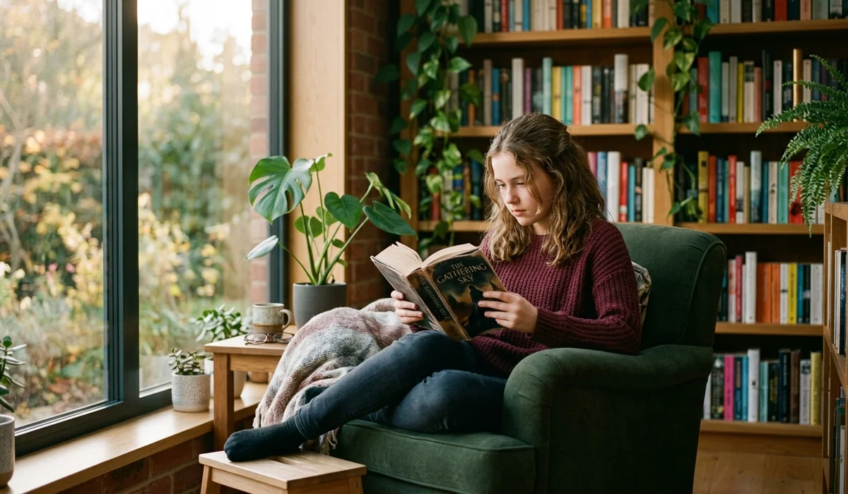 A 14-year-old teen girl reading a dystopian fantasy novel in a sunlit library nook