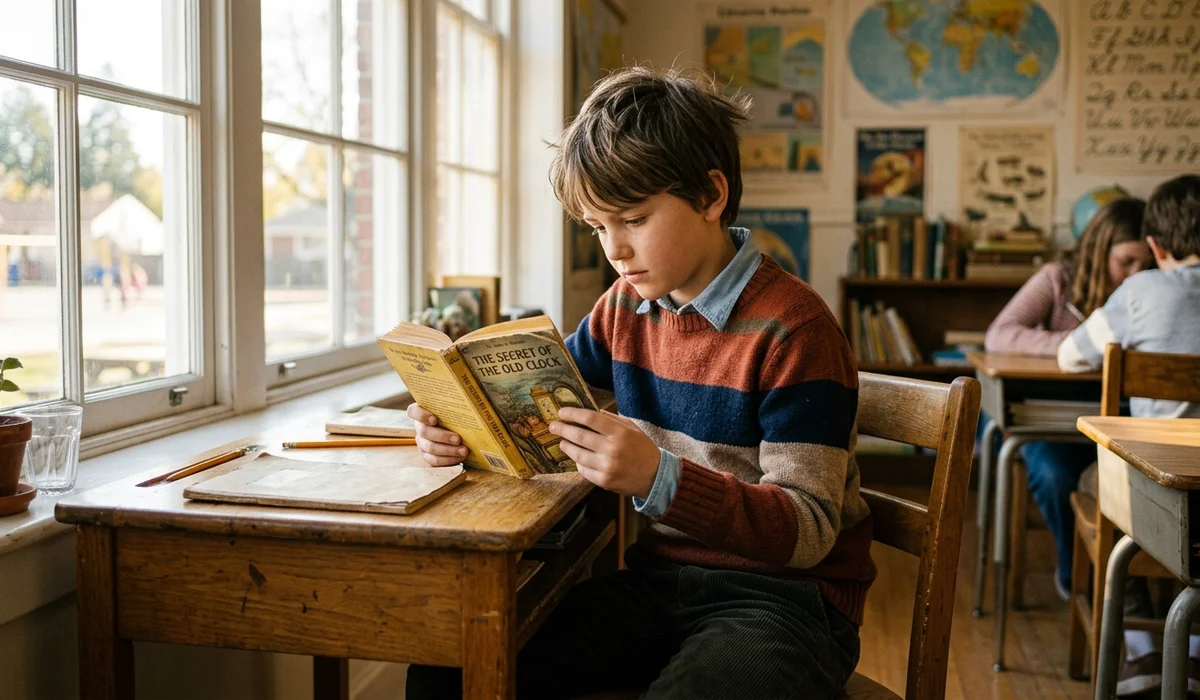An 11-year-old middle school student reading a classic paperback novel in a sunny classroom