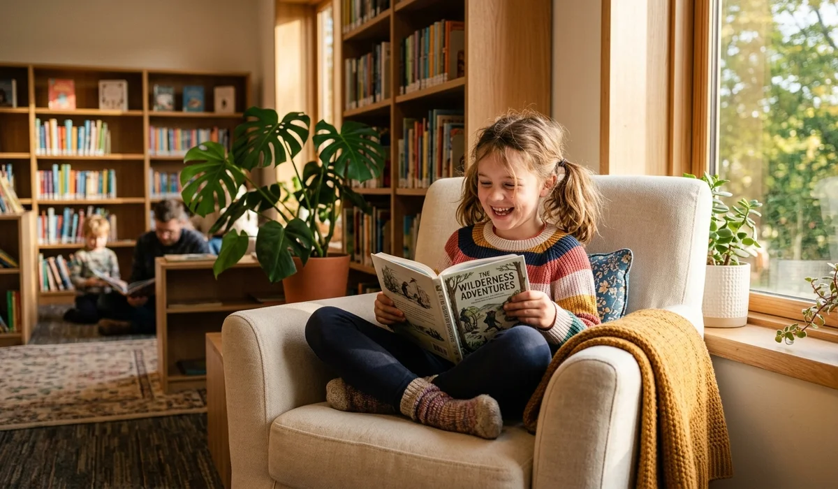 An 8-year-old child happily curled up in an armchair reading an illustrated chapter book
