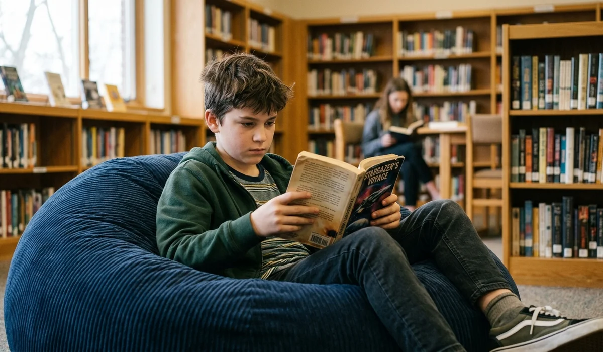 A focused 13-year-old middle school boy reading an intense sci-fi adventure paperback in a library