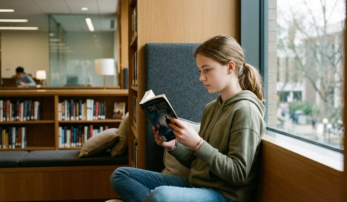 A focused 14-year-old teen girl sitting in a school library reading a dystopian sci-fi novel