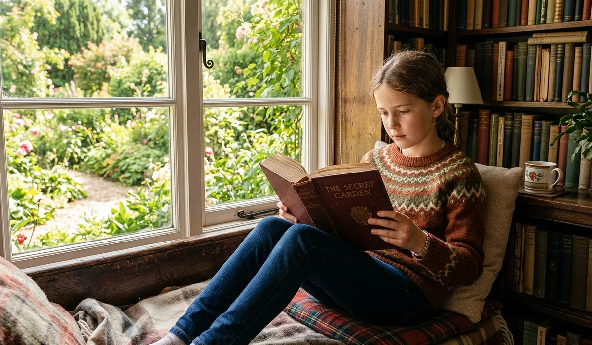 Young student reading Anne of Green Gables in a cozy library window