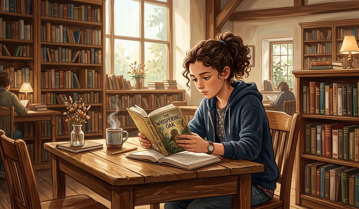 Middle school student reading Roll of Thunder Hear My Cry in a quiet library