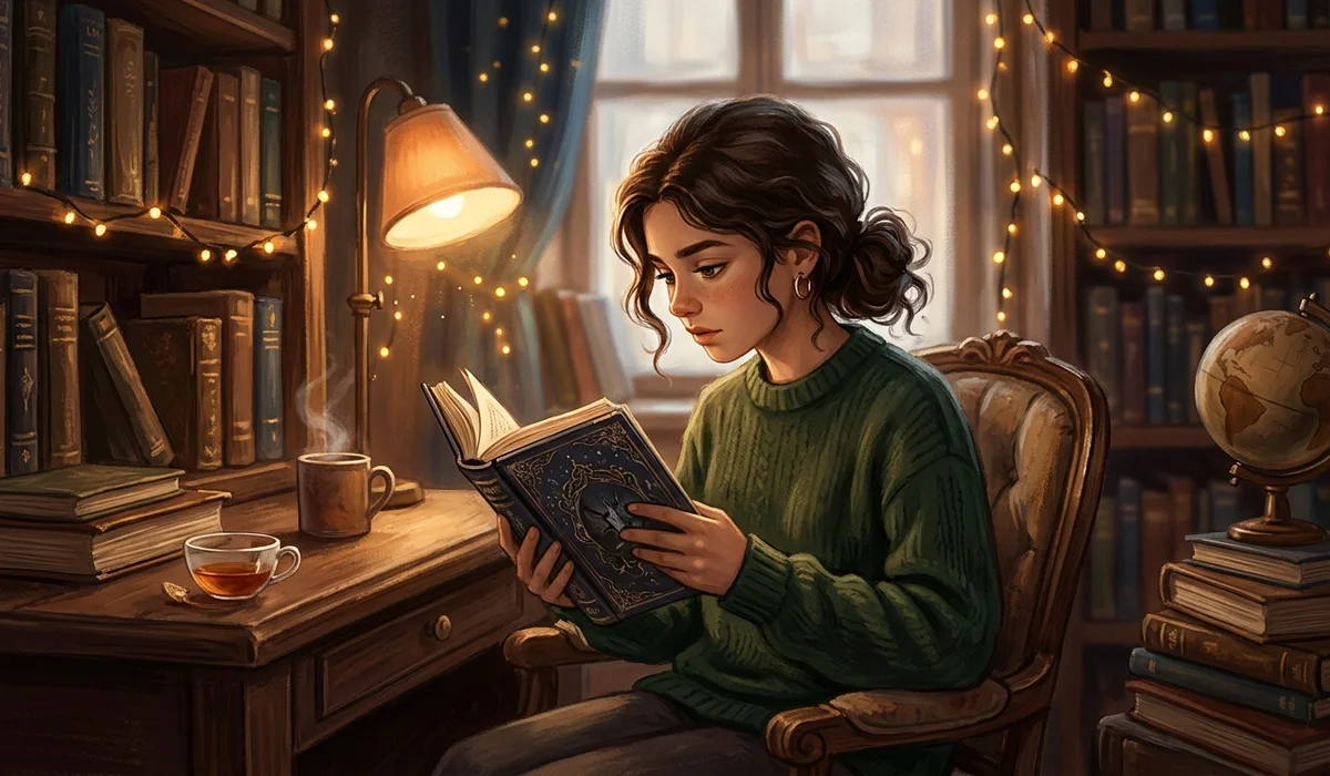 Focused teen girl reading a fantasy novel in a cozy study library