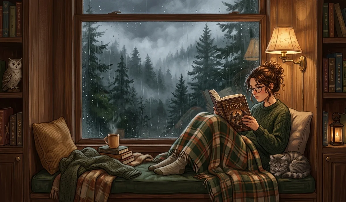 A cozy teenage reader sitting in a deep window nook reading a fantasy novel