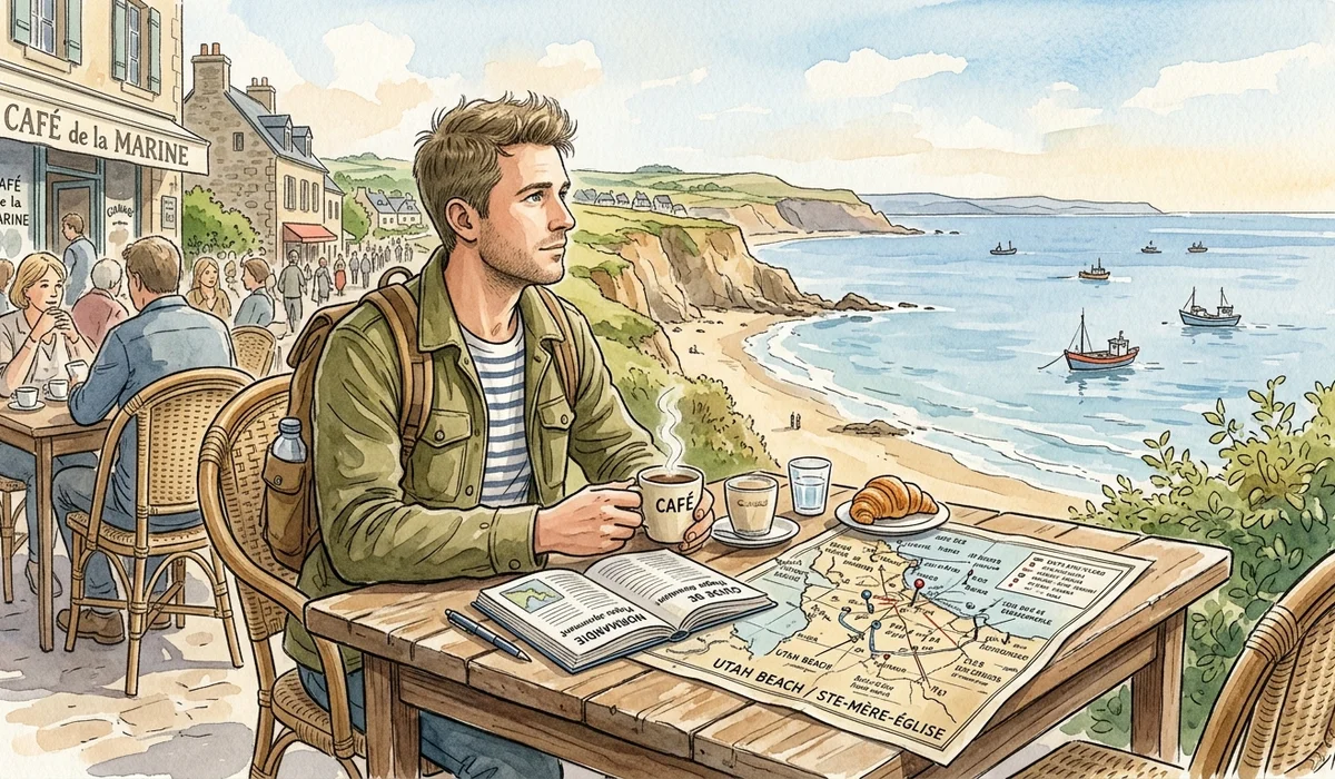 A thoughtful traveler seated at a seaside French cafe table with an open travel guide book and detailed battlefield maps