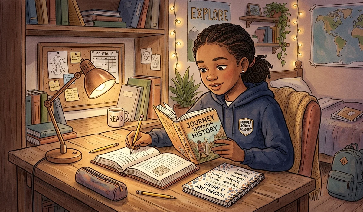 Young student engaged in focused reading at a wooden desk surrounded by organized books