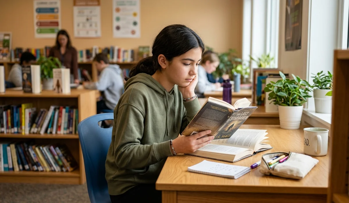 Middle school student reading an engaging novel at a wooden desk in a modern school library