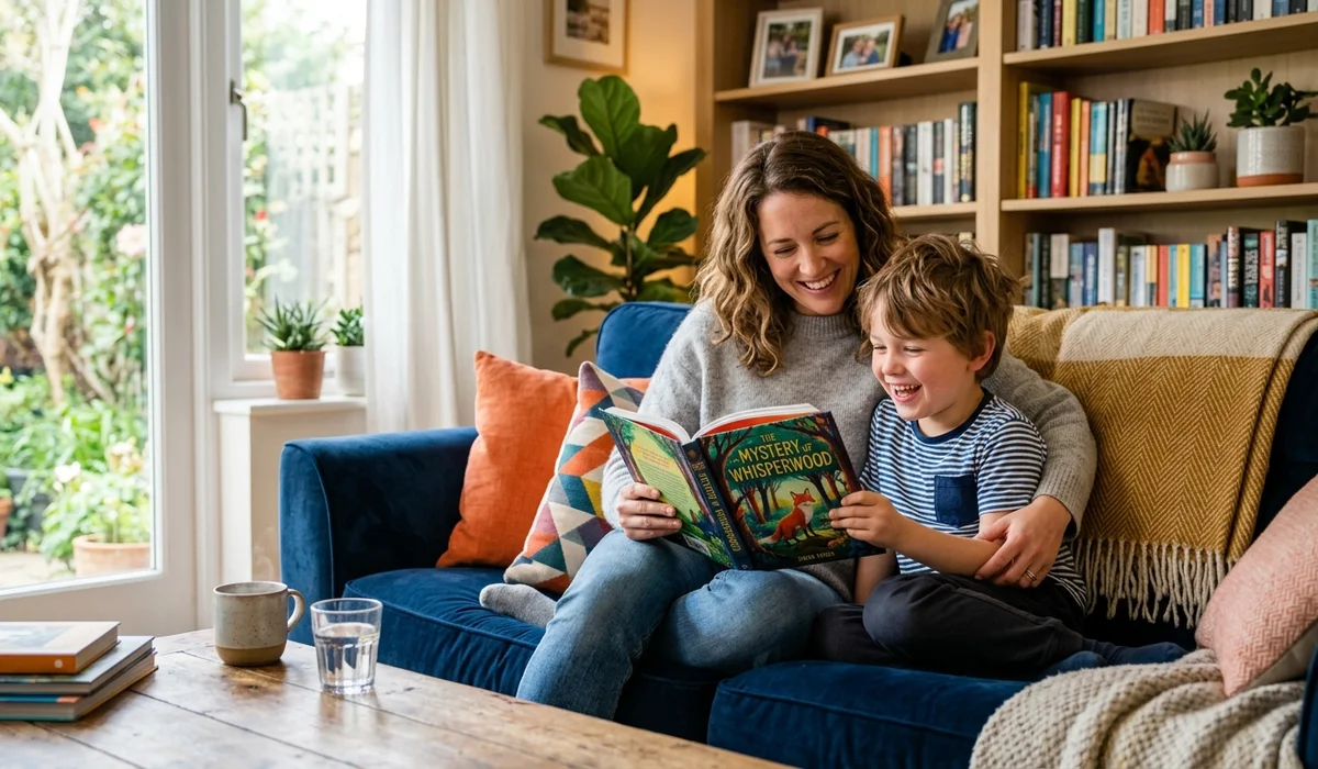 Mother and child reading a colorful chapter book together on a comfortable living room couch