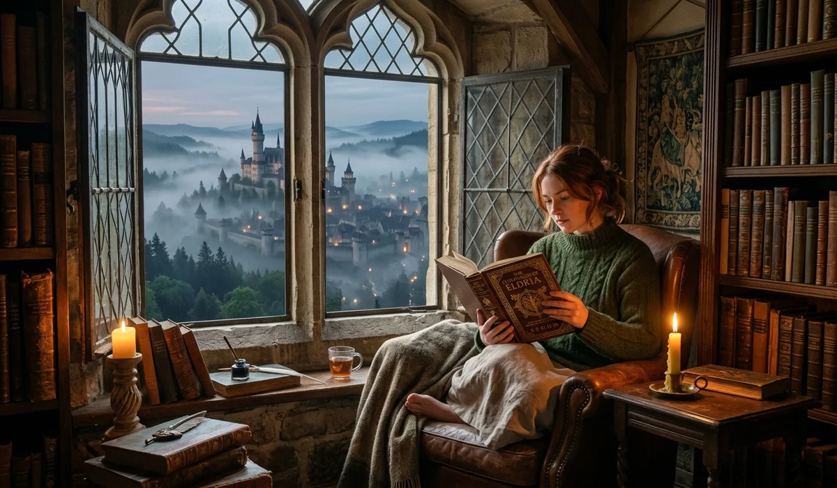 Young woman reading a hardcover fantasy book in a cozy medieval library nook overlooking a misty kingdom