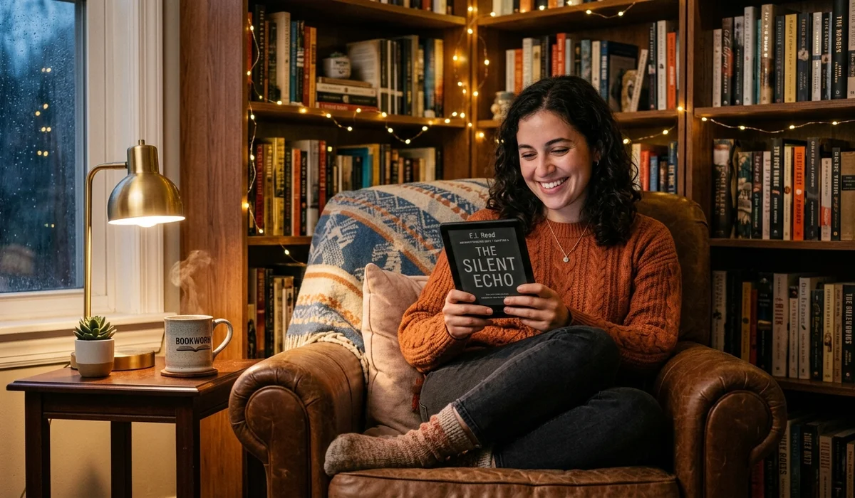 Young book reviewer smiling while reading an early advance digital book on a Kindle e-reader