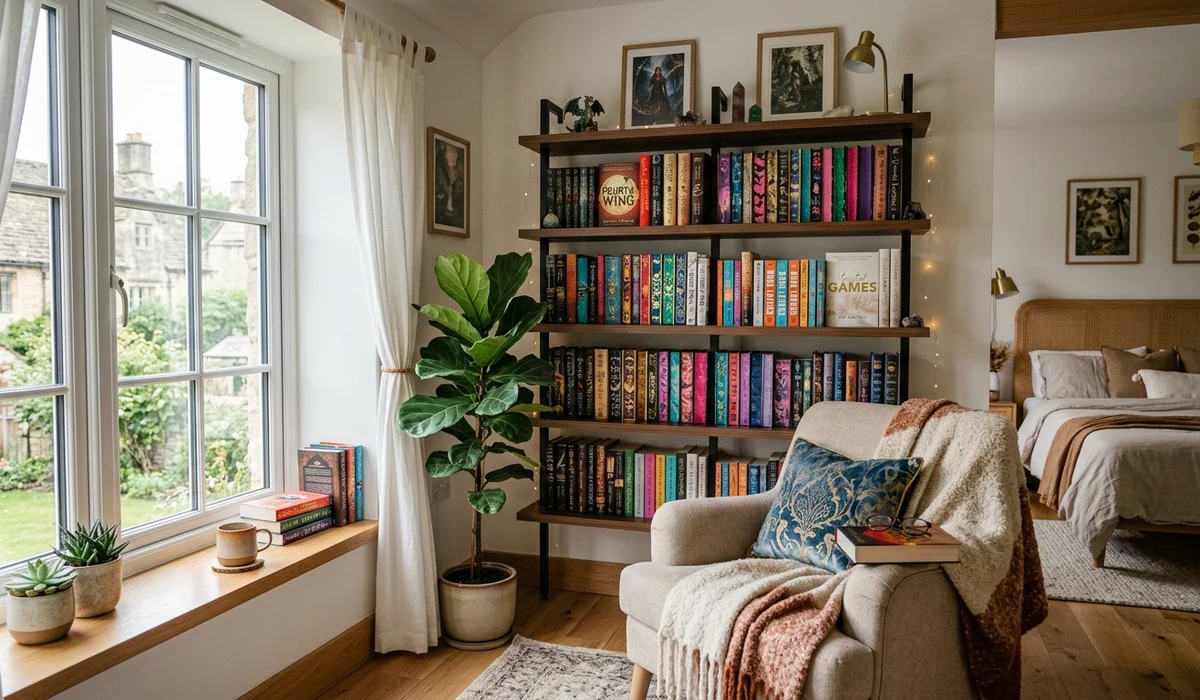 Cozy reading nook with bookshelf containing colorful sprayed-edge viral fantasy novels and indoor plants