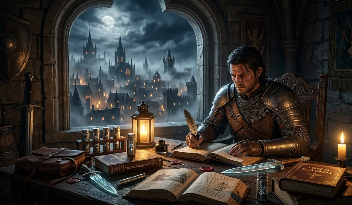 Fantasy warrior studying allomantic vials and maps overlooking a misty gothic city at night