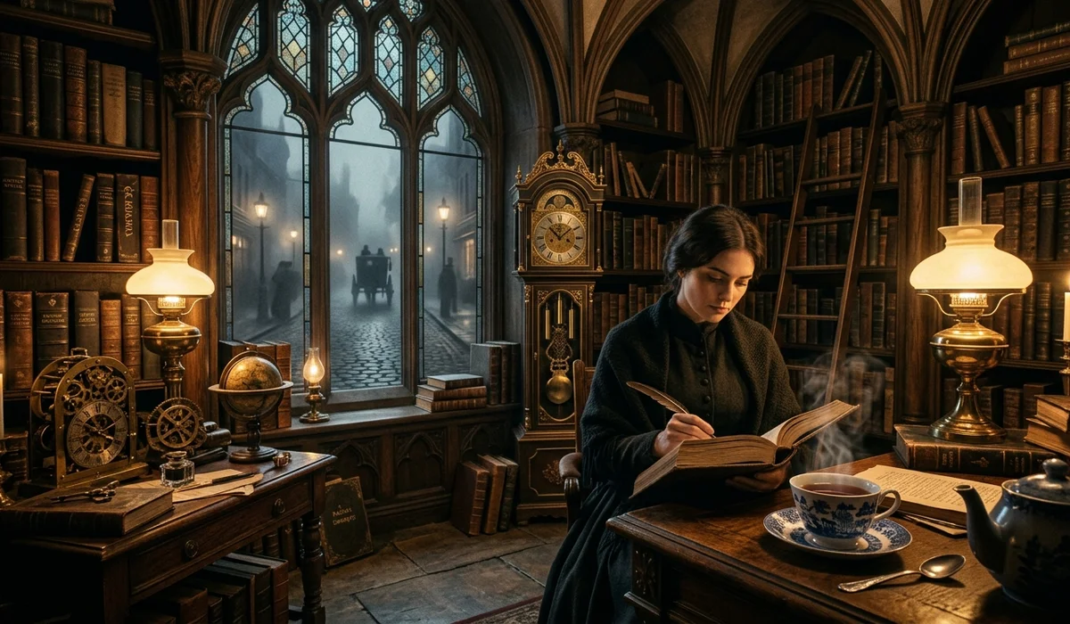 Victorian woman writing in an ancient grimoire inside a gothic London library with clockwork devices