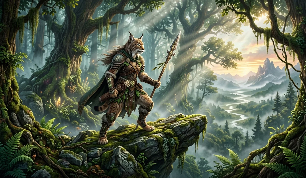 Fierce wildcat warrior in armor holding a spear on a cliff overlooking an enchanted forest valley