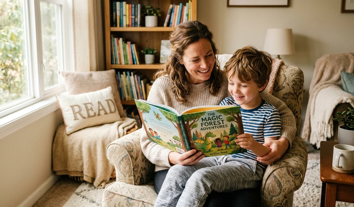 Mother and child smiling while reading an illustrated early chapter book together in a cozy reading chair