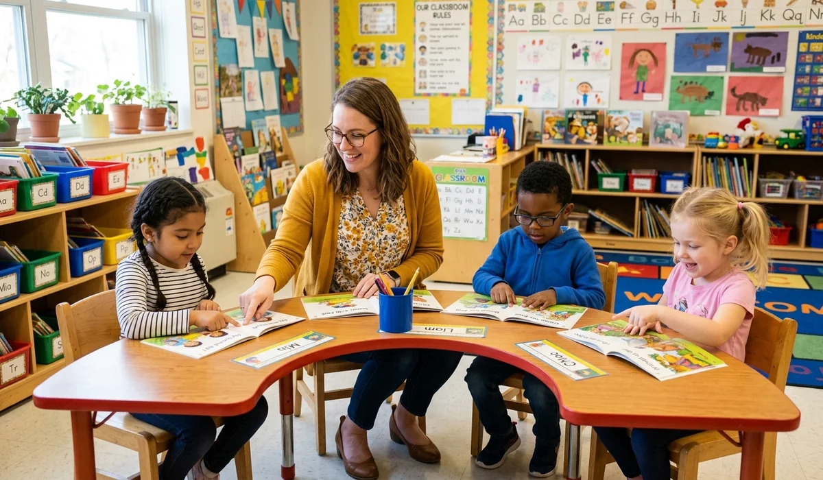 Kindergarten teacher guiding a small group of three diverse 5-year-old students at a horseshoe reading table
