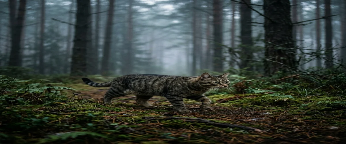 Feral cat in woodland environment representing the Warriors book series setting