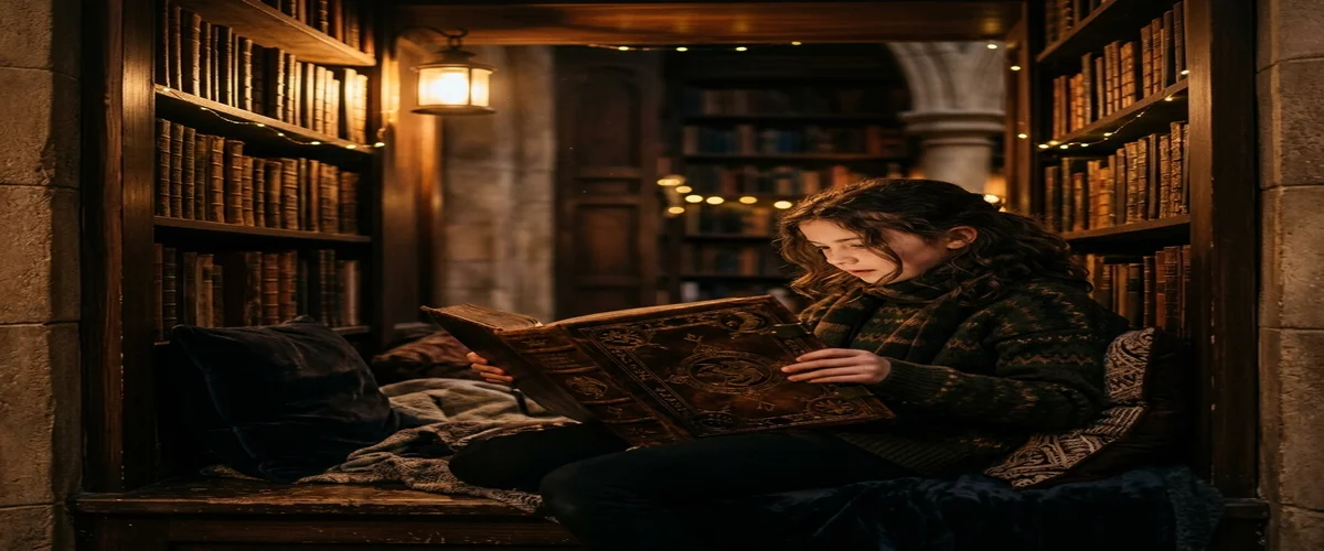 Young reader exploring fantasy books in a library