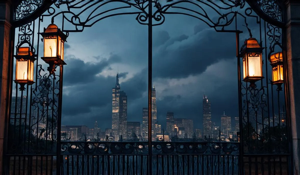 A high-security palace gate with rebel shadows and dramatic twilight lighting in a dystopian futuristic city