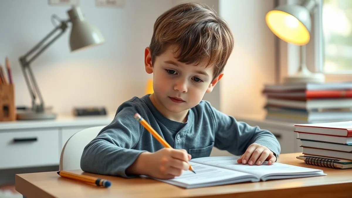 Child completing Kumon reading worksheets at a desk — Kumon reading levels explained for parents