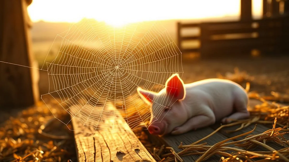 Charlotte's Web reading level — spider web on a barn at sunrise, 680L Lexile grade 3-5