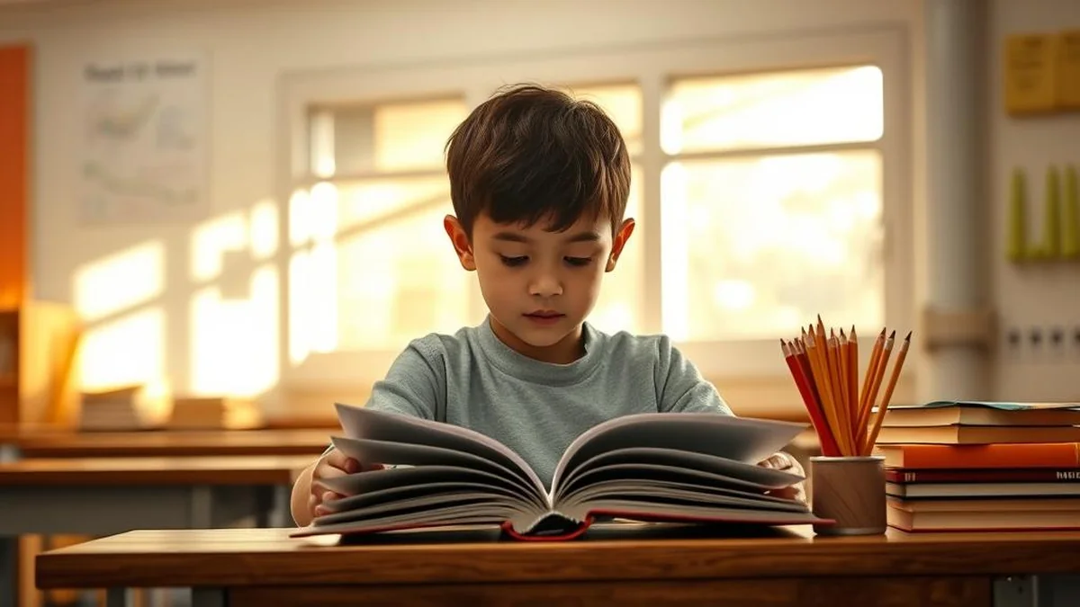 4th grade reading level guide — student reading at a school desk with books, Lexile 740-940L