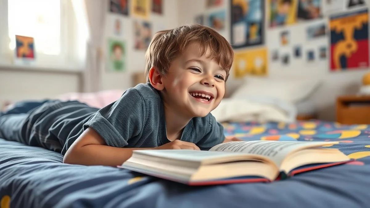 Boy age 10 laughing while reading Diary of a Wimpy Kid, recommended age 8-12