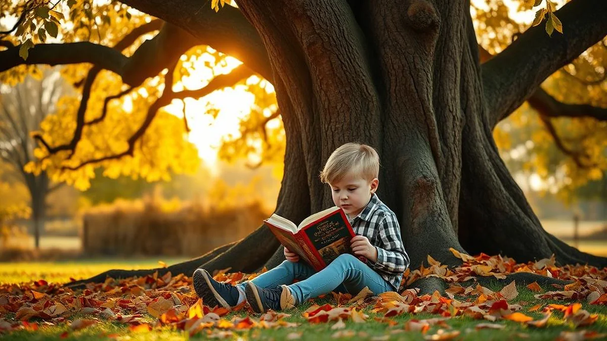 Child reading Charlotte's Web outdoors in autumn, independent reading age 8-10