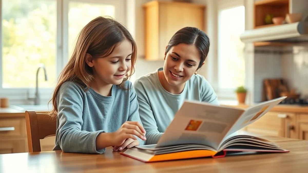 Parent checking child's reading level at home kitchen table, 4th grade assessment