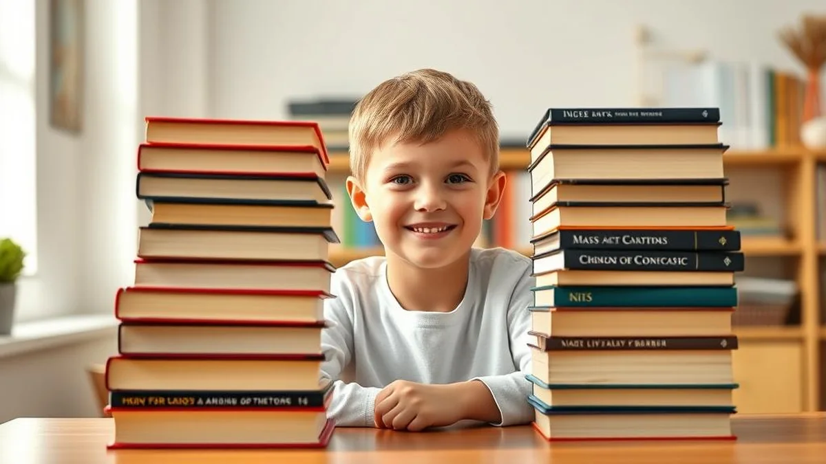 Stack of advanced children's books for above-grade-level readers — high Lexile level reading choices