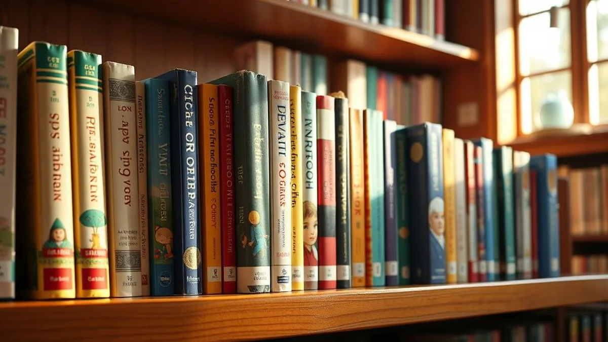 Classic children's books on wooden shelf including Charlotte's Web, Stuart Little, Trumpet of the Swan