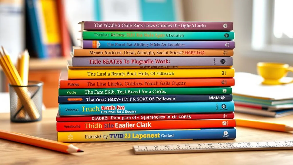 Stack of popular 4th grade books on a wooden desk — Diary of a Wimpy Kid, Matilda, Hatchet