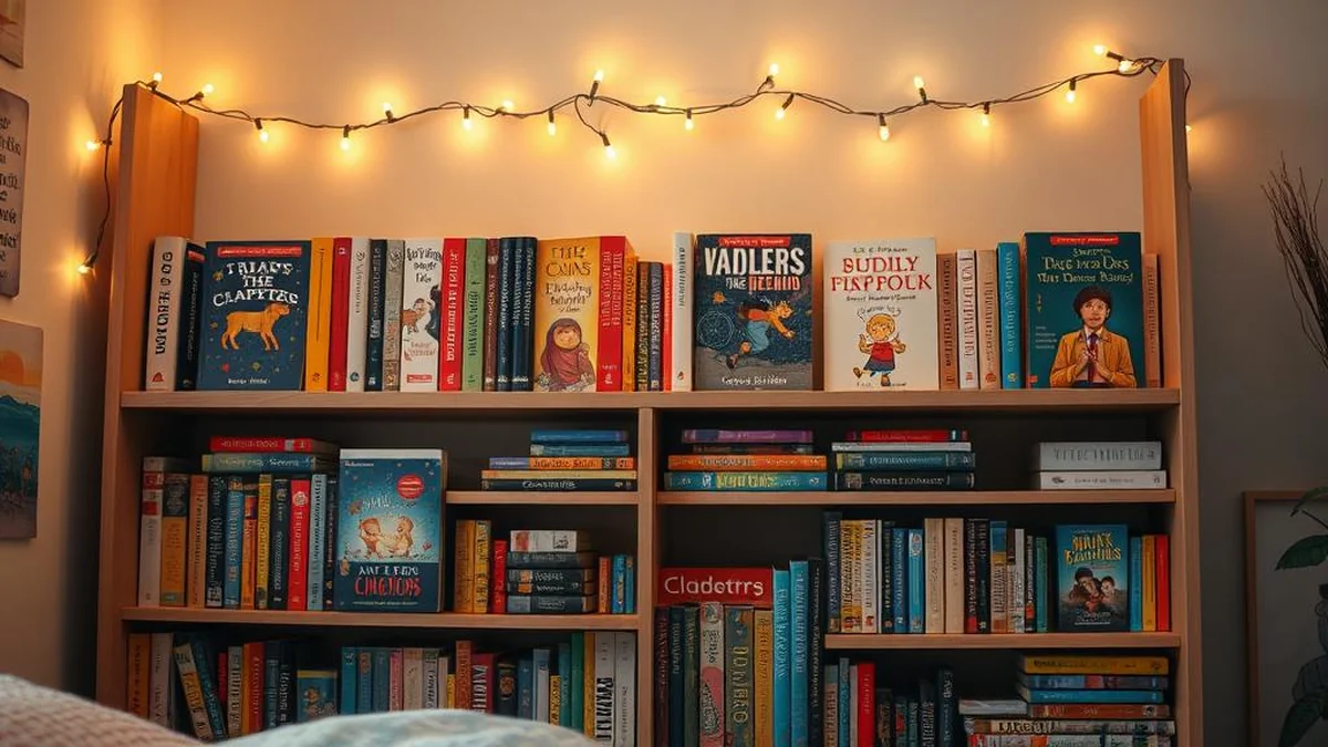Child's bedroom bookshelf with next books to read after Diary of a Wimpy Kid series