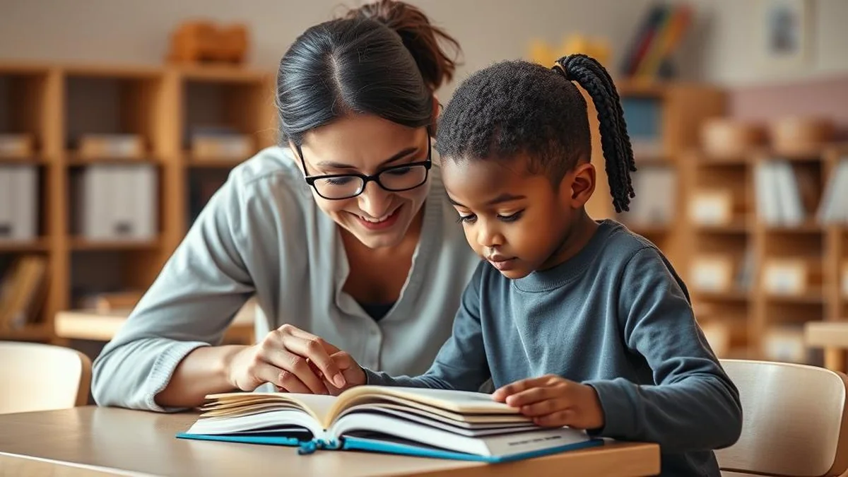 Teacher helping 4th grade student with reading one-on-one, supportive classroom setting