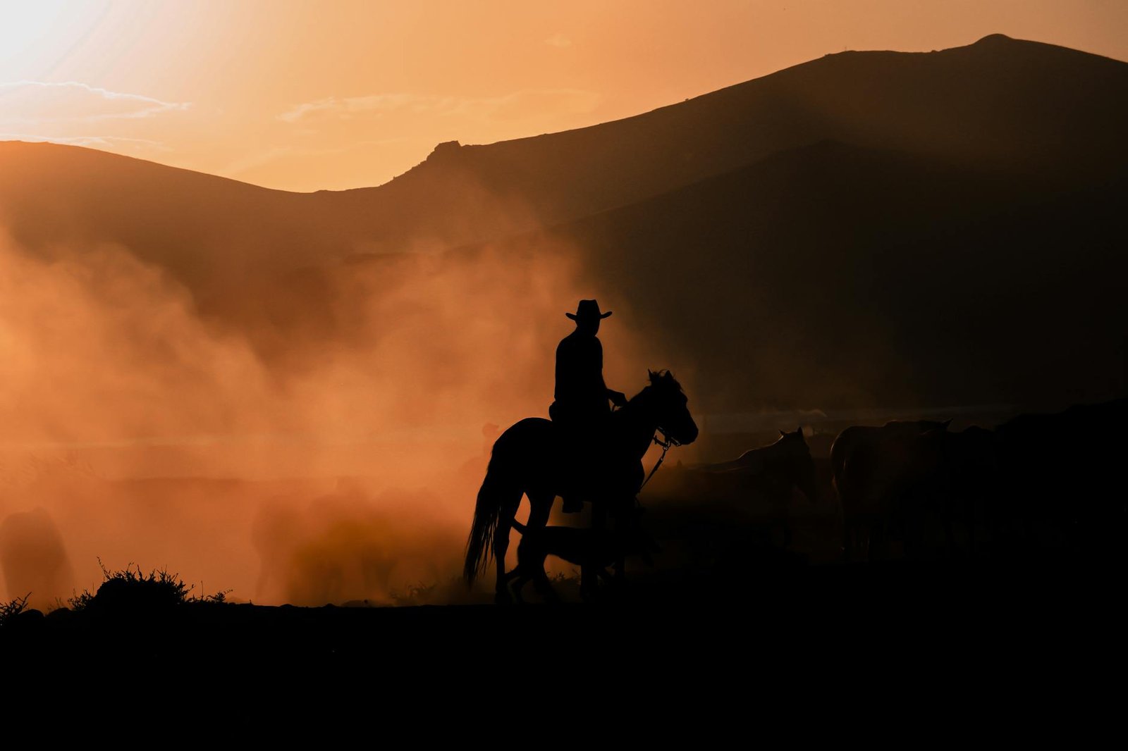 A cowboy on horseback silhouetted against a stunning sunset in a dusty desert landscape.