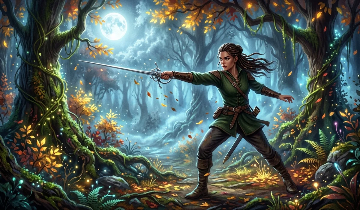 Determined mortal young woman practicing sword fighting in an enchanted forest