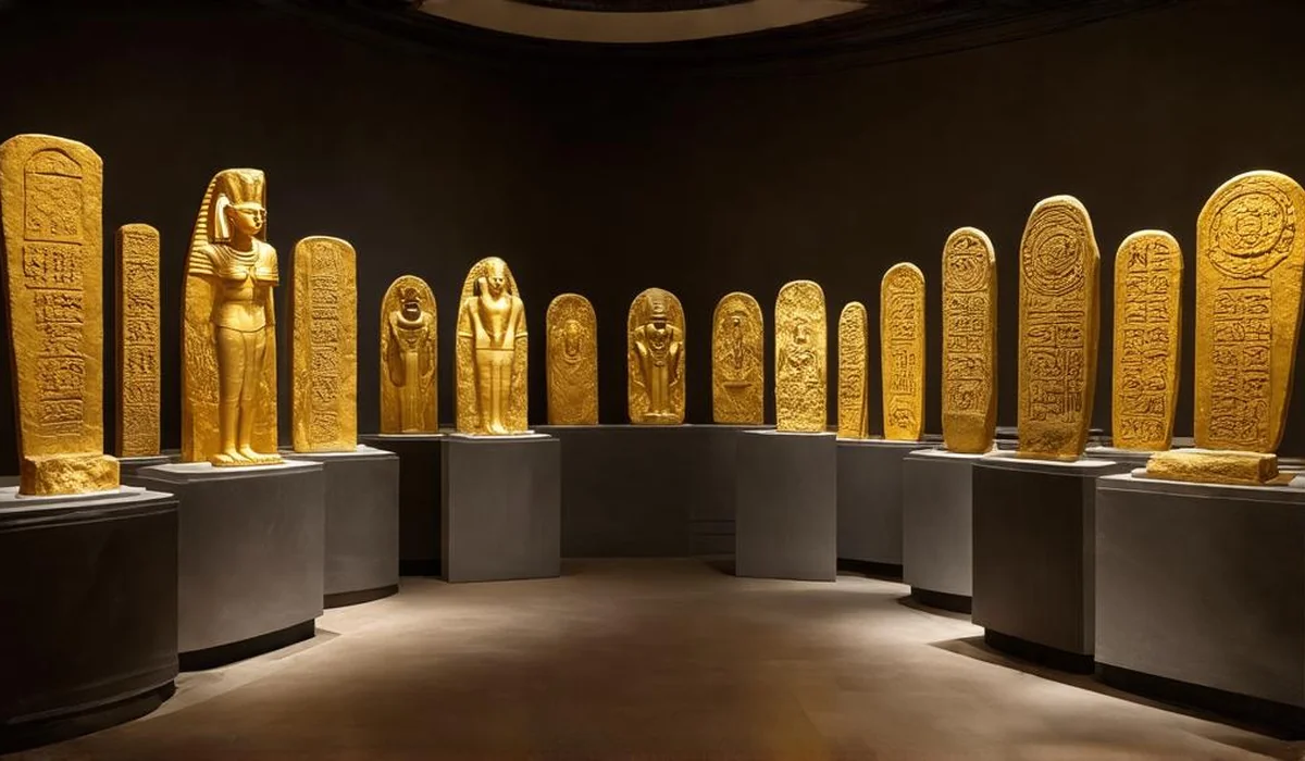 Ancient golden Egyptian artifacts and glowing Norse Viking runes displayed together in an ancient museum hall
