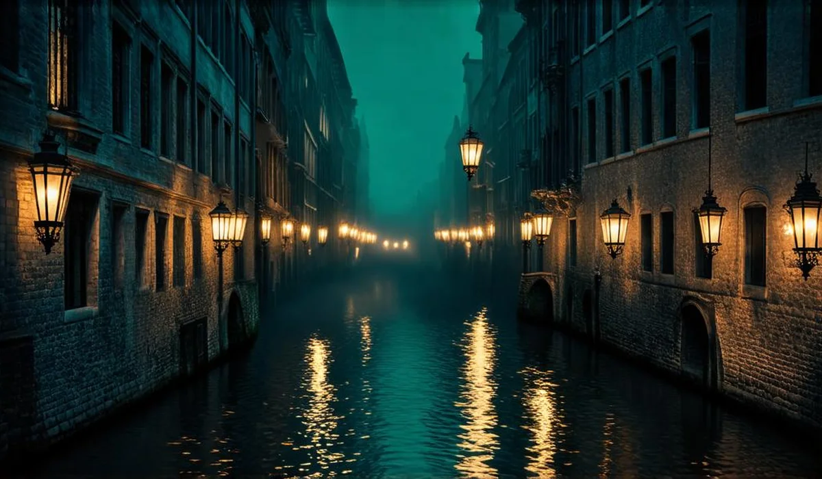 Dark fantasy canal city at night evoking the Ketterdam setting of Six of Crows