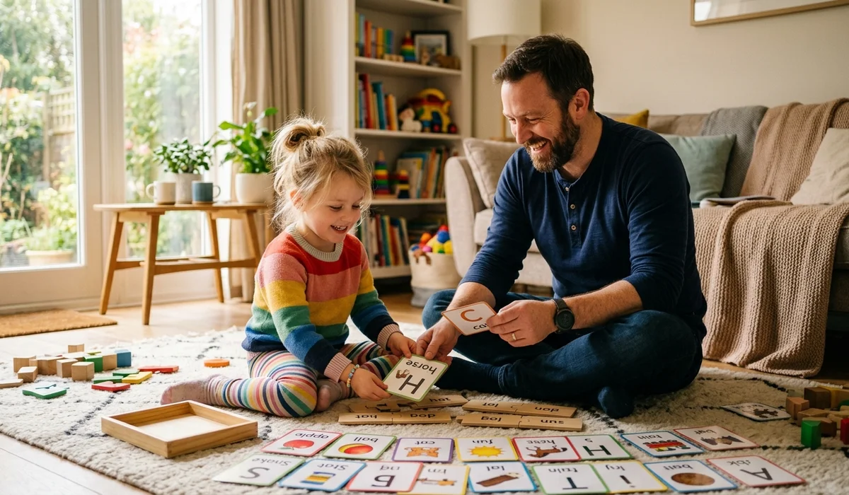 Father and 5-year-old child sitting on a living room rug matching colorful alphabet and rhyming flashcards