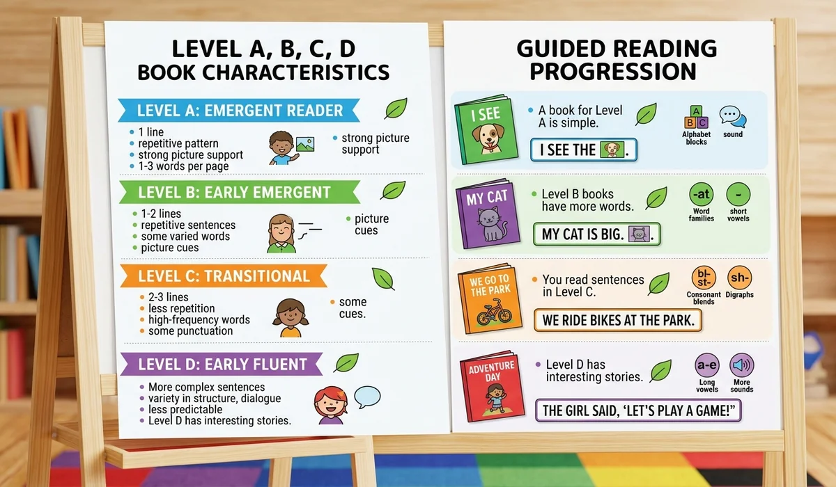 Classroom chart illustrating the progression from Level A emergent text to Level D early fluent reader books