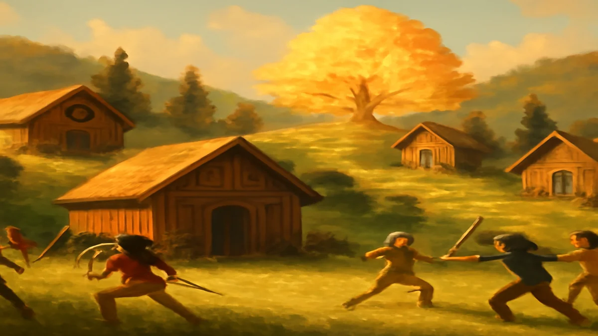 A young demigod stands at the entrance to Camp Half-Blood surrounded by Greek mythology symbols