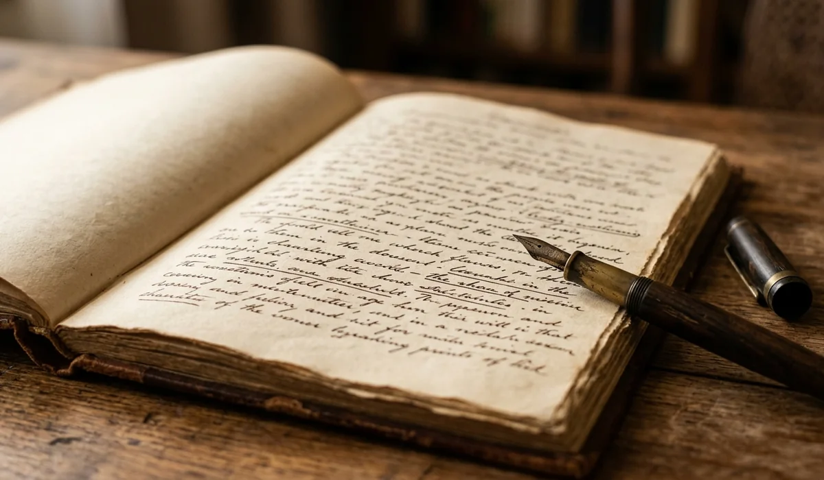 Fountain pen on handwritten notebook analyzing literary syntax and diction