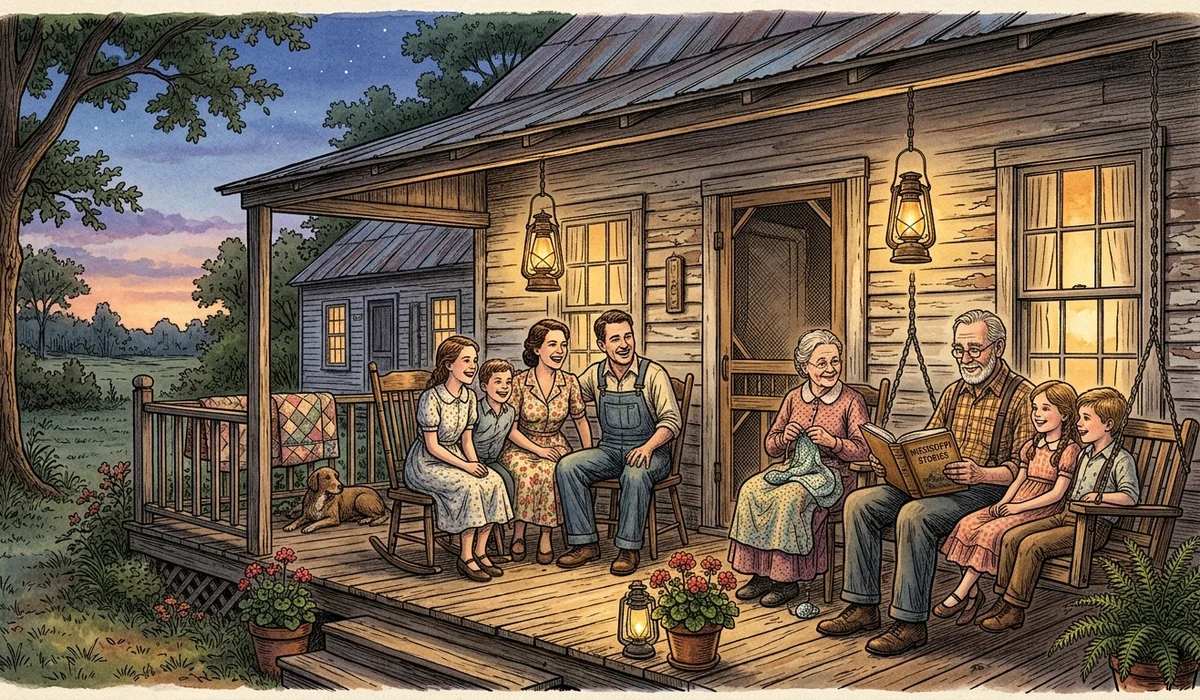 Warm historic 1930s wooden farmhouse porch in rural Mississippi at twilight