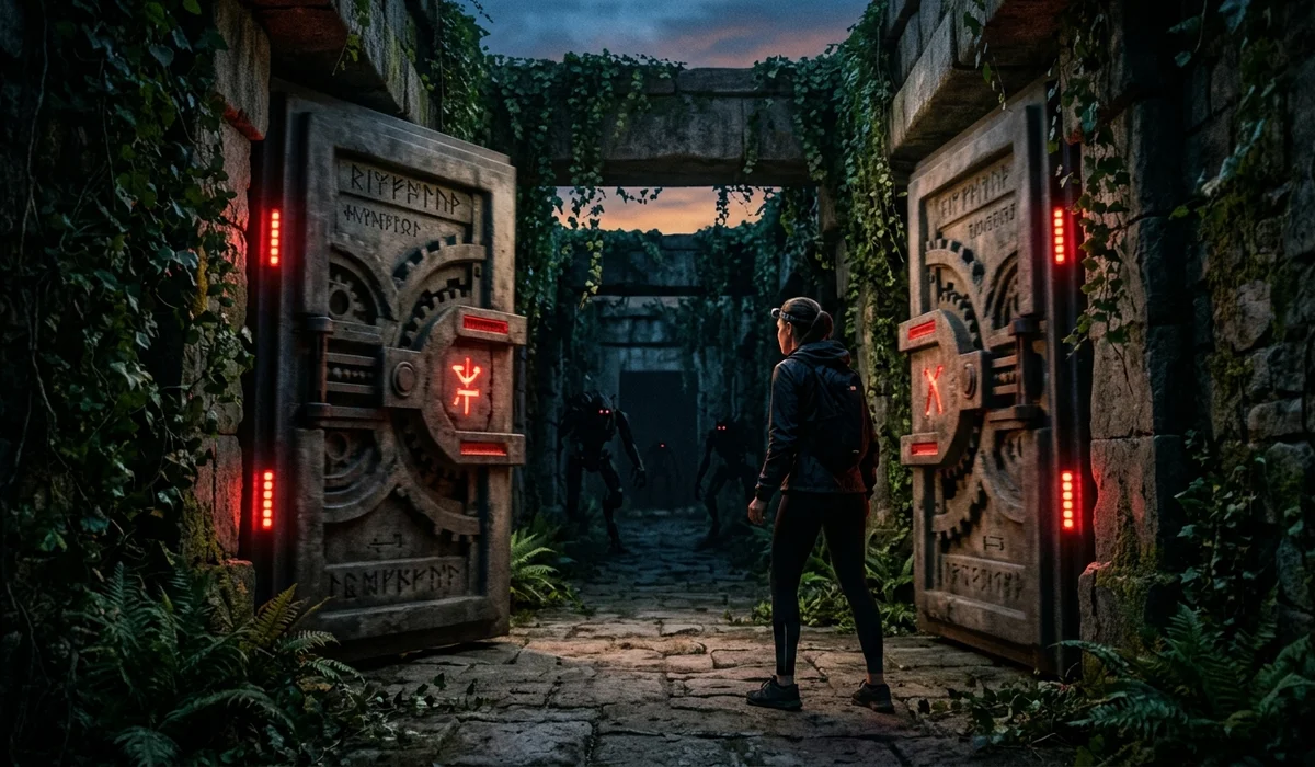 Massive mechanical stone maze doors sliding shut at dusk in an ivy-covered stone corridor with biomechanical Griever silhouettes
