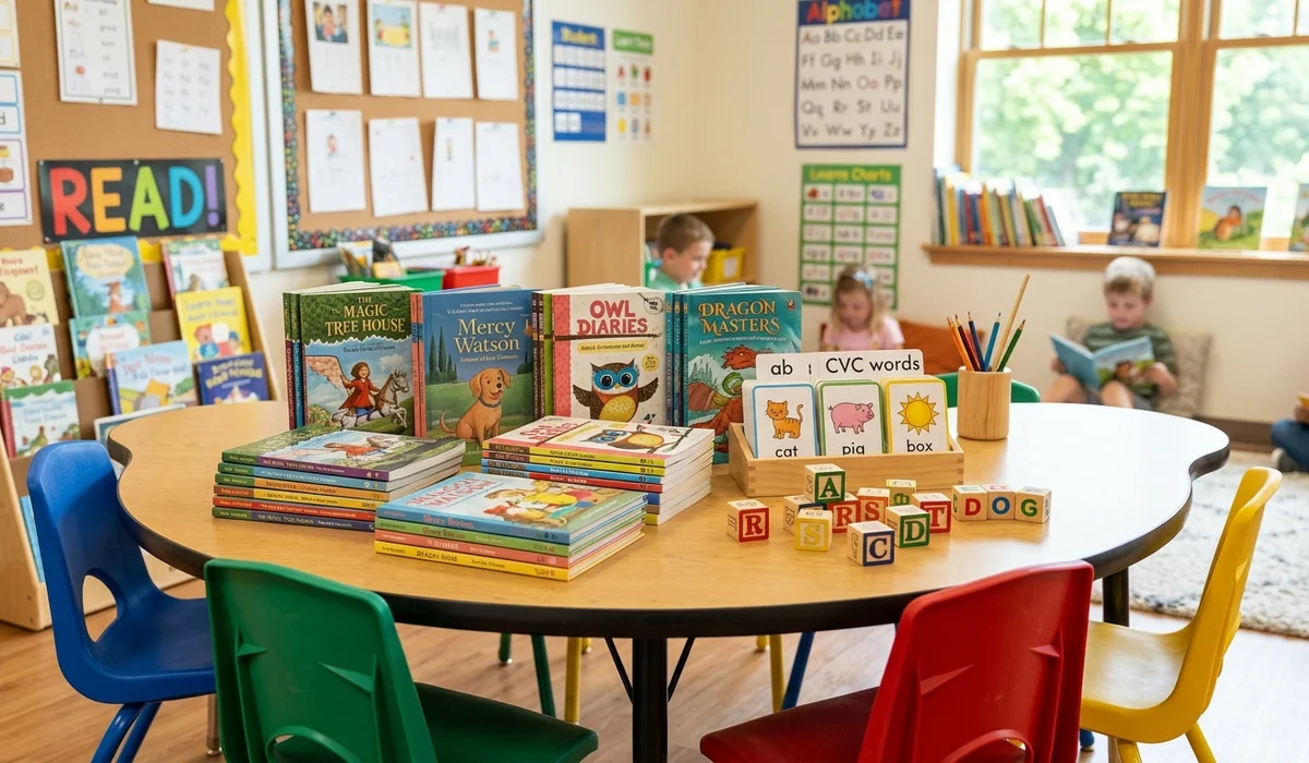 Kindergarten and elementary classroom reading table with stacks of early chapter books and wooden phonetic blocks