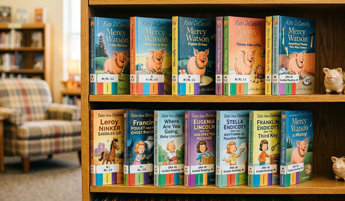 Organized library shelf showcasing all six Mercy Watson titles and Tales from Deckawoo Drive spin-offs